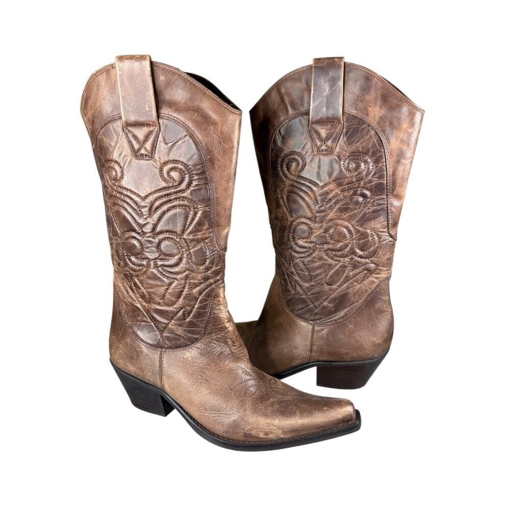 Penny Kenny Western Cowboy Boots Brown Leather Embroidered Stitch Size 10M